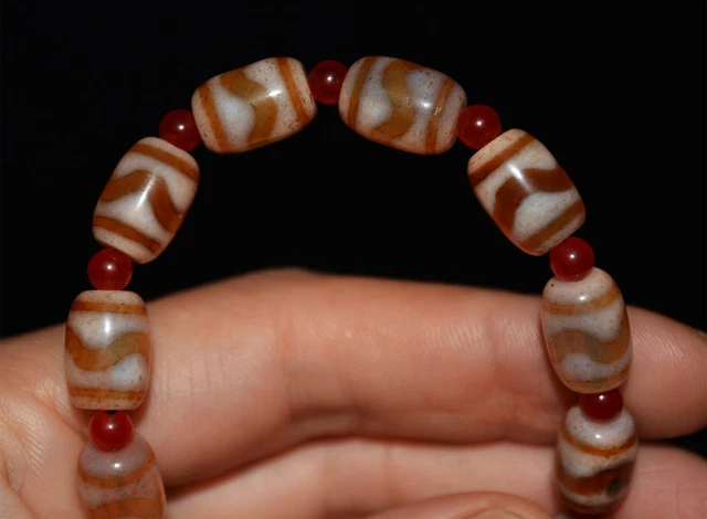 tibetan old ancient real tiger dzi bead bracelet amulet water wave mala prayer 8