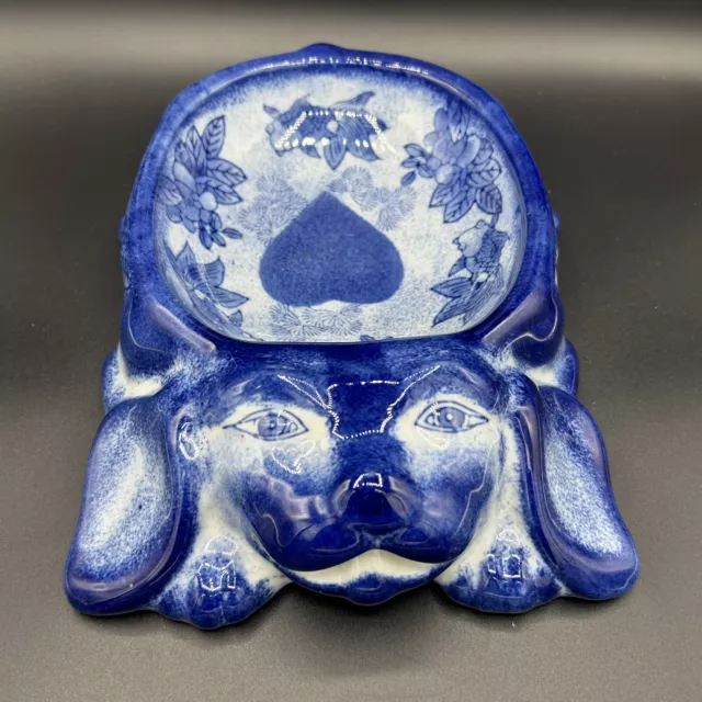 Stamped Chinese Blue & White Porcelain Foo Dog Figural Water Bowl w/Koi & Heart