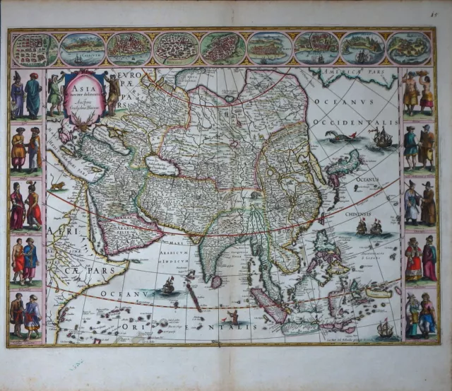 Asien Kontinent Randkarte Asia Noviter Delineata Blaeu Altkoloriert Schiffe 1640