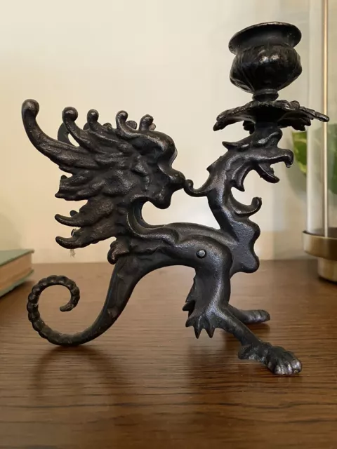 Antique Black Cast Iron Gothic Dragon Griffin Taper Candle Holder