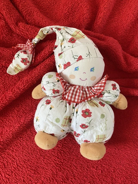 🇫🇷 Doudou peluche poupée lutin grelot Rouge Vichy Blanc Fleurs COROLLE