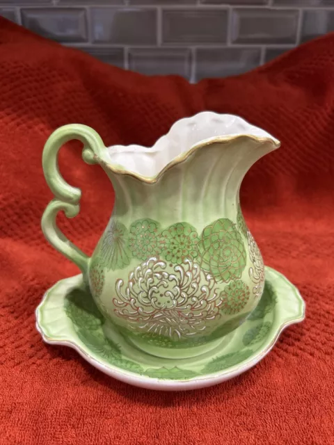 Vintage Green White Gold Trim Pitcher Creamer With Tray Inarco Japan E-3376