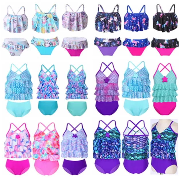 US Kids Girls Tankini Swimsuit Swimwear Bathing Suits Beachwear Swim Top+Bottoms