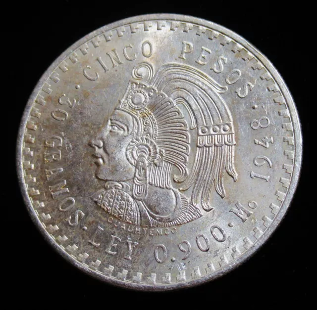 Mexico: 1948 Cinco Pesos .900 Argent Cuauhtemoc Aztèque Warrior. Bu