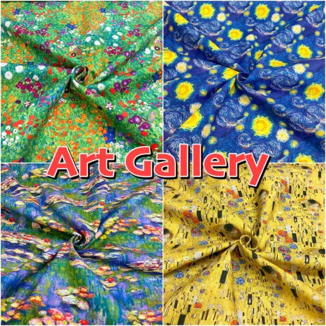 Artists Cotton Fabric ART GALLERY Monet Van Gogh Klimt Craft Dressmaking 140cm