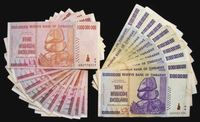 20 Zimbabwe banknotes-10 x 5 &10 Billion dollars-paper money currency