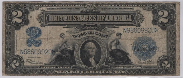 1899 ($2) Two Dollars Blue Seal Silver Certificate Mini Porthole Note