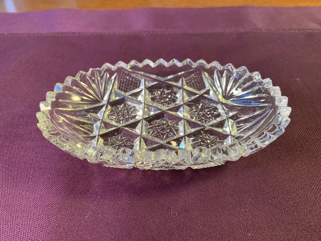 Small American Brilliant Cut Glass Oval Bowl Dish, Stars & Sawtooth Edge 4 5/8"