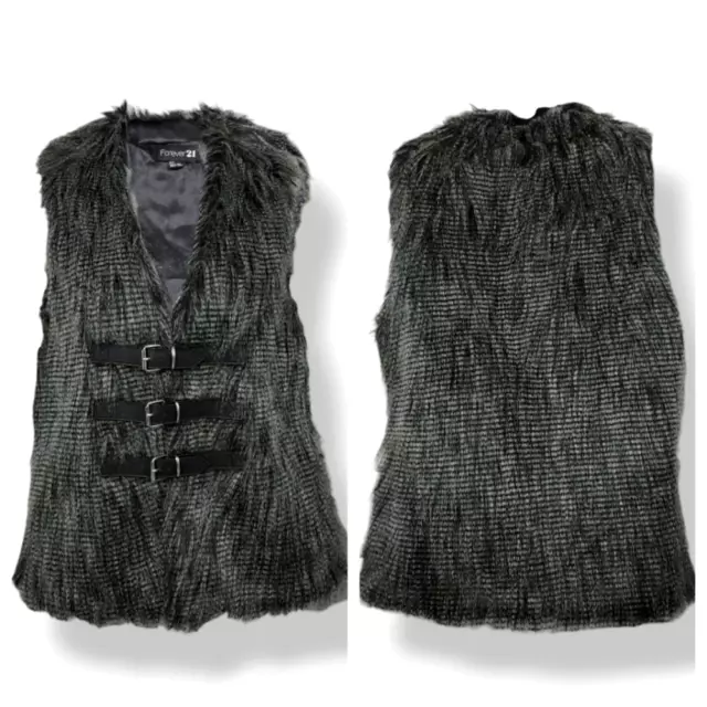 NEW Vintage Y2K Forever 21 Faux Fur Vegan Leather Buckled Strap Vest Size S