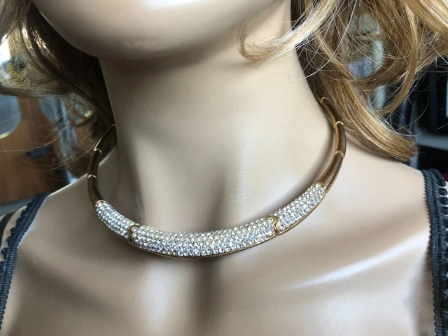 Estate Joan Boyce Sparkling Rhinestone Omega Style Cuff Necklace