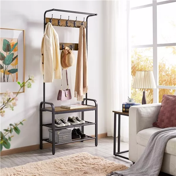 4-In-1 Entryway Hall Tree Coat Rack Shoe Bench Storage Bench w/ Shelf & Hooks