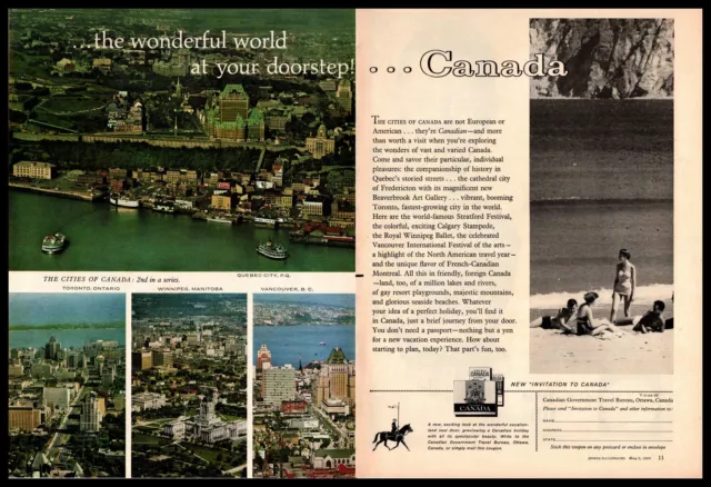 1960 Quebec City Toronto Winnipeg Canada Government Travel Bureau 2Page Print Ad