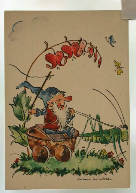 Künstlerkarte AK Zwerg mit einer Glockenblume  Zwerge 1946 sign. Barbara Kondoch