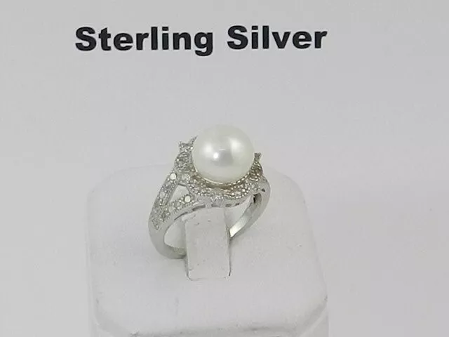 Macy's Freshwater Pearl (9mm) & Cubic Zirconia Ring in Solid Sterling Silver, 6