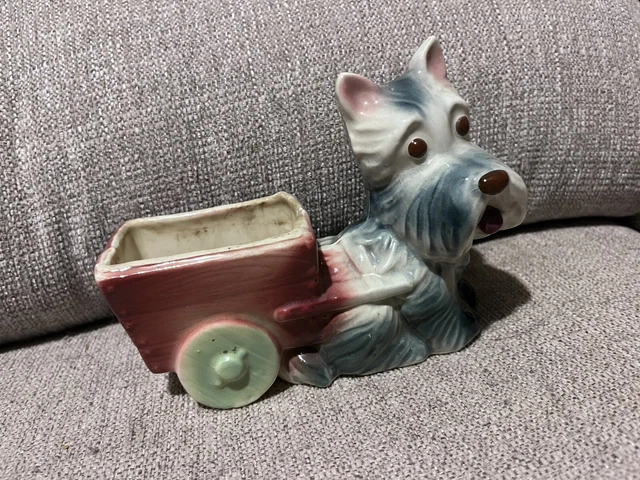 Vintage Royal Copley Scottie Dog Planter Pulling Red Cart Wagon Green Wheels