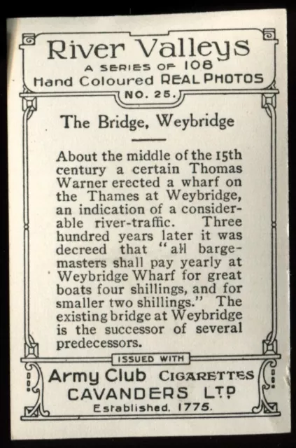 Tobacco Card, Cavanders, RIVER VALLEYS, 1926, Med, The Bridge, Weybridge, #25 2