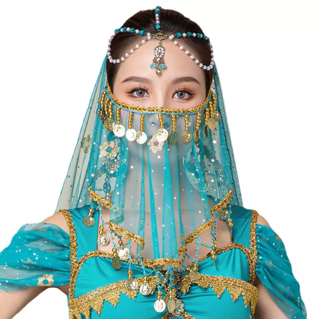 WOMEN BELLY DANCE Face Veil with Sequin Coins Beads Tribal Costume ...