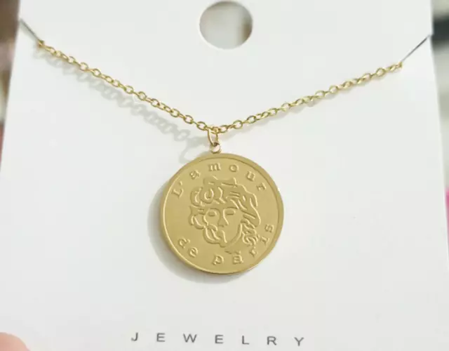 Gold Round Coin Titanium S. Steel Love Lamour De Paris Pendant Chain Necklace