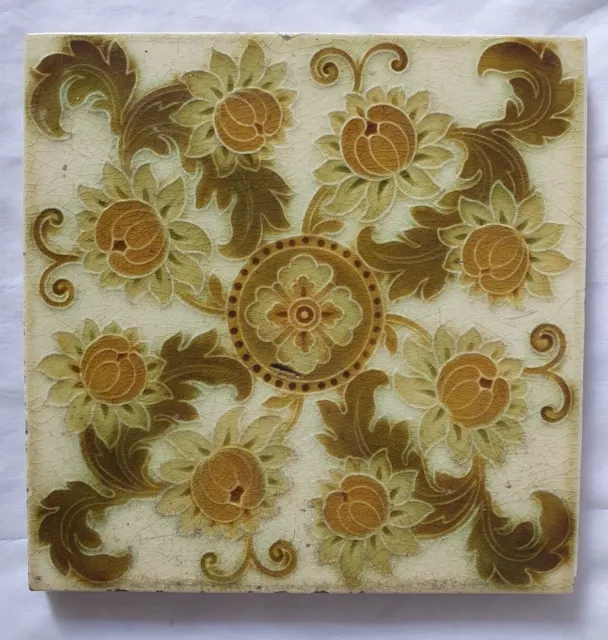 Gorgeous Antique Art Nouveau Pilkington Floral Design 6 Inch Tile