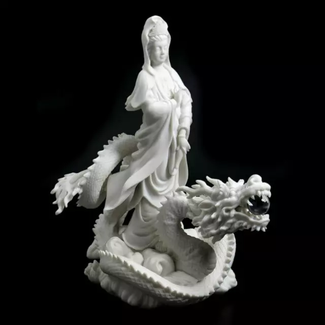 KWAN Yin ON DRAGON STATUE 12.5" Quan Yin Guan Buddha Goddess White Marble Resin