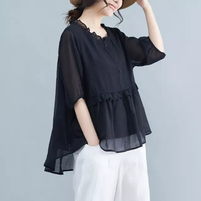 Womens Short Sleeves Shirt Summer Loose Ruffles Collar Casual Asymmetric Tops 3