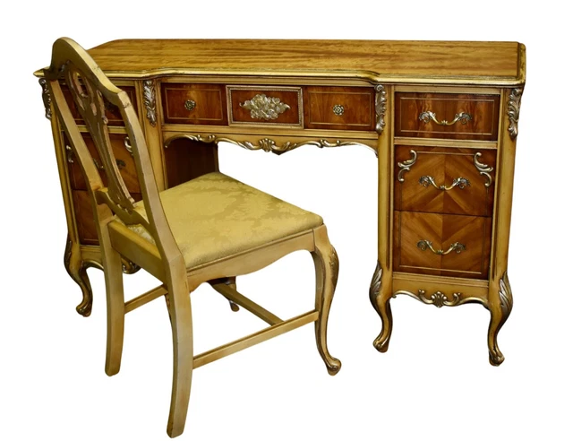 Antique Carved & Painted Satinwood French Style Desk/Vanity w/Chair