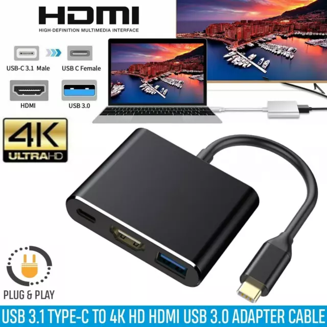 3 in1 Type C USB-C 4K HDMI USB 3.0 Hub Adapter Cable For Macbook Samsung Black