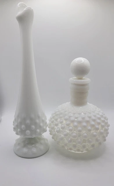 Fenton Hobnail Opalescent Perfume Bottle & Swung Bud Vase Milk Glass Lot 2