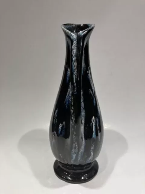 Vintage Art Pottery Ewer Bud Vase Blue Drip Glaze Iridescent 10" Mid Century 2