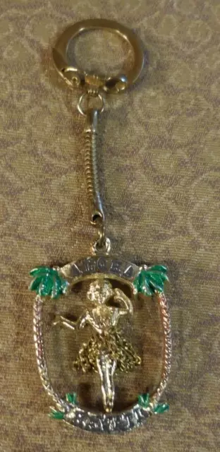 Vintage Hawaii Aloha HULA Hawaiian Girl Keychain w Grass Skirt Motion