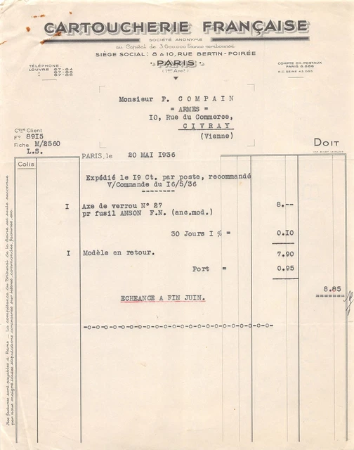 Invoice PARIS 1912 STE FRANCAISE DU CARBONYLE CAOUTCHOUC