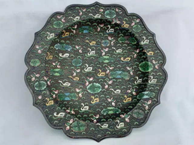 Beautiful Chinese Antique Cloisonné Plate Decorated With Ducks in a Lotus Pond
