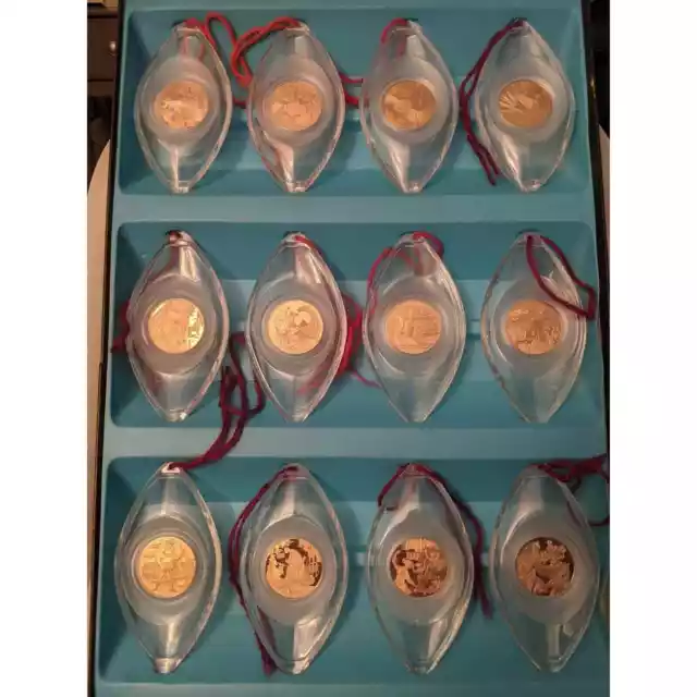 Franklin Mint 12 Days of Christmas Ornaments - Bronze Coins in Clear Lucite 1970