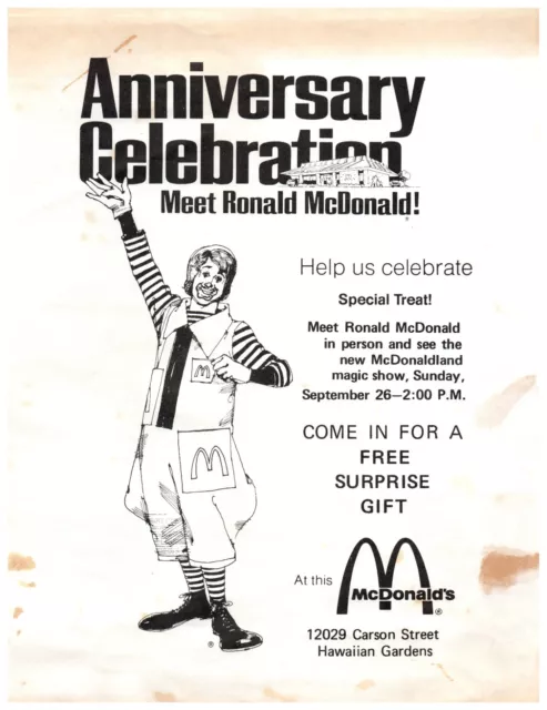 1980s Vintage McDonald's Restaurant Poster Ad Ronald McDonald Los Angeles RARE