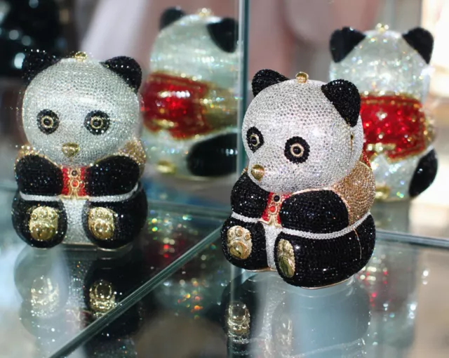 Judith Leiber Panda Bear Gold Minaudiere Teddy Clutch Swarovski Crystal Purse