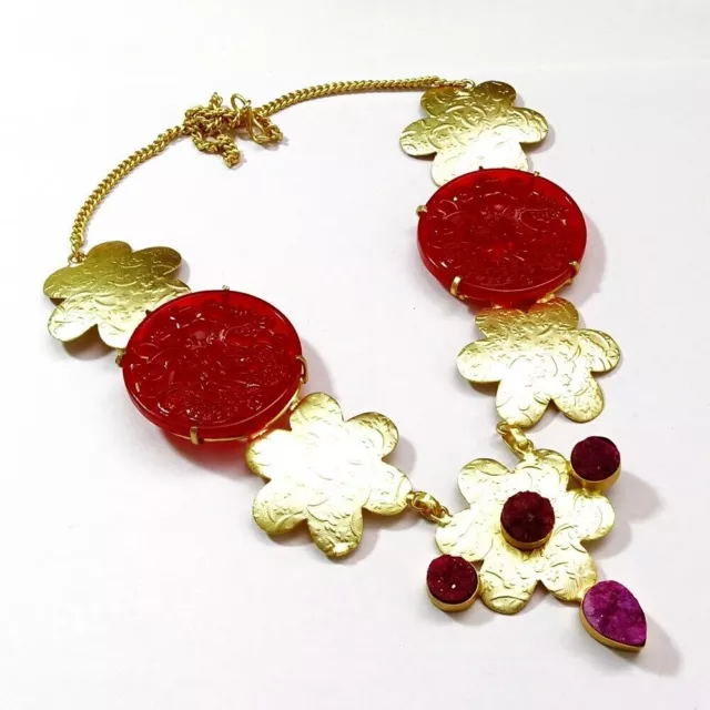 Sugar Druzy Red Carving Gemstone Gold Plated Necklace Jewelry 18 To 24'' K551