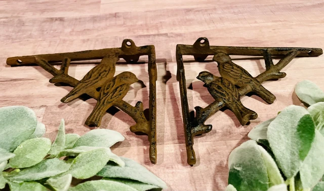 Pair 2 Cast Iron Antique-Rust Brown BIRD on BRANCH Brackets Braces Shelf corbels 10