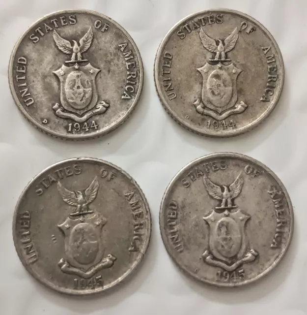 4 Coin Lot: 1944 - 1945 Philippines USA Philipinas .750 Silver 10 Centavos WW2