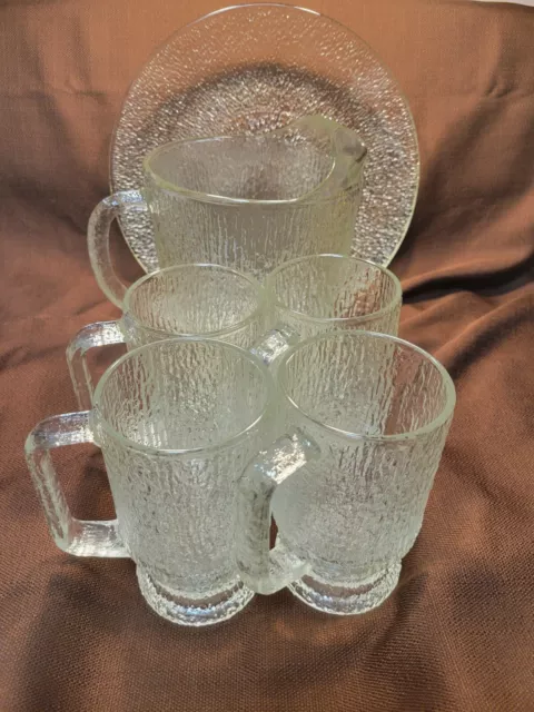 Vintage Indiana Glass Tree Bark Texture Mugs, Pitcher, Large Plate