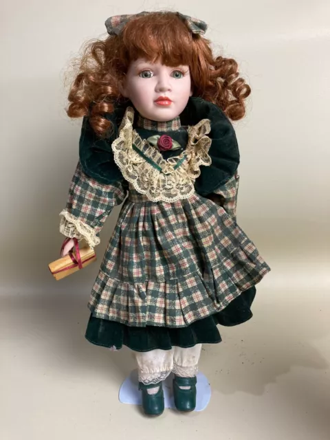 Vintage 70s/80s Porcelain Doll Girl W/Stand Brown Hair Green Eyes 40cm Cloth