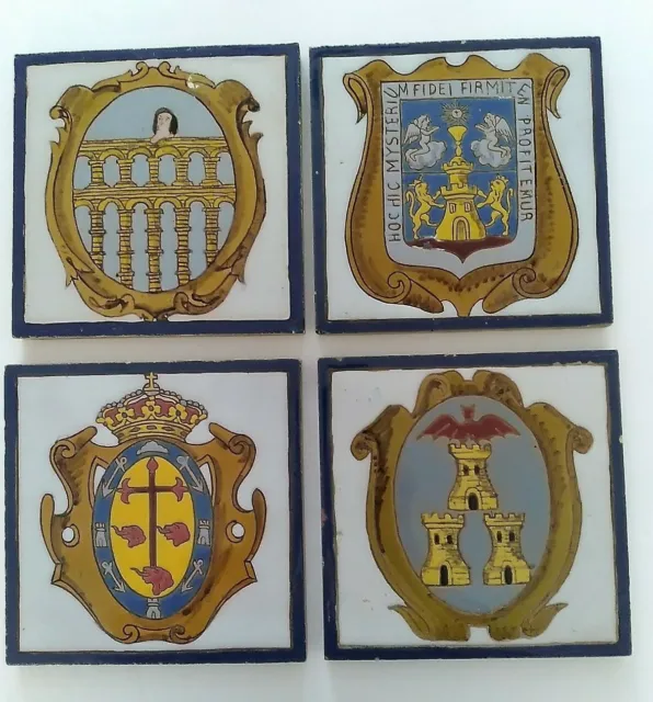 VTG/Antique Spanish Tiles Set of 4 Mensaque Rodriguez Coats of Arms of SPAIN