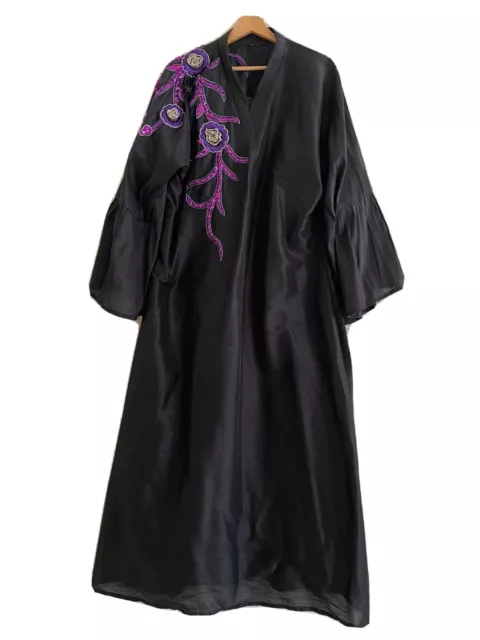 Black Purple Abaya/Jubba Embroidery Shoulder Frill Sleeve Maxi Dress