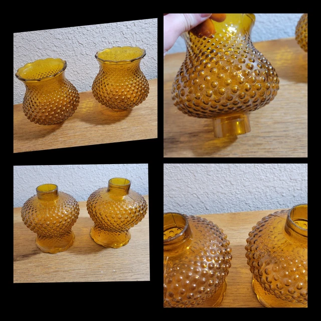 2Vintage Large Amber Glass Hobnail Hurricane Lamp Shade 1 5/8" fitter 4.75" tall