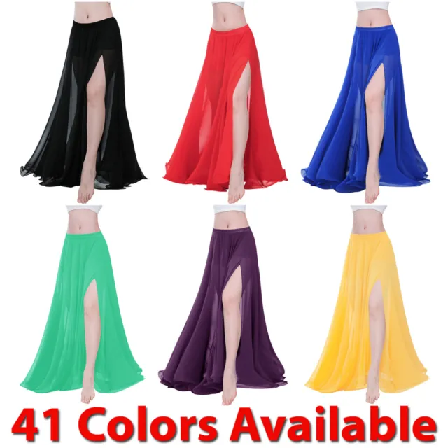 2 Side Slit Skirt Chiffon Full Belly Dance Gypsy Tribal Costume 9 Yard Spit Boho