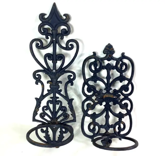 Pair Ornate Cast Iron Wall Sconces Hangers Flower Pot Holders Collapsible Rings