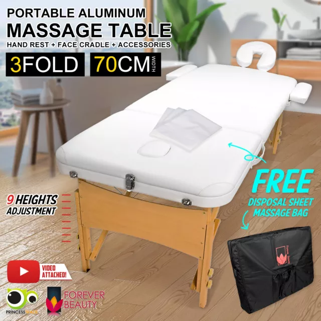 Wooden Portable Massage Table 3 Fold Beauty Therapy Bed Chair Waxing 70cm WHITE