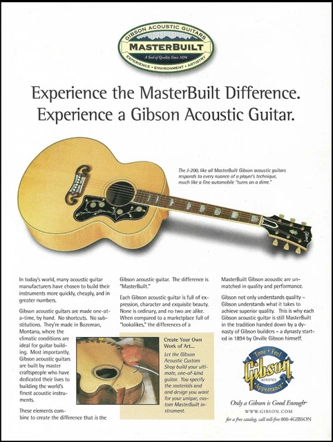 GIBSON J 200 MASTERBUILT Jumbo Acoustic Guitar Ad 2000 Advertisement 