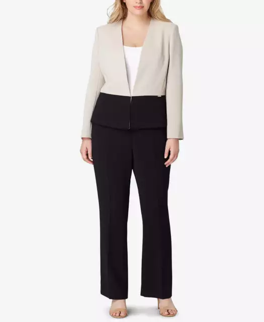 Tahari Asl Womens Plus Size Colorblocked Pant Suit,Beige/Black,14 W