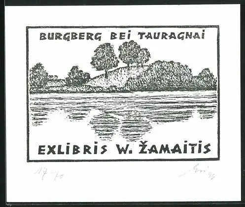 Exlibris W. Zamaitis, Burgberg bei Tauragnai, See mit Berg und Bäumen