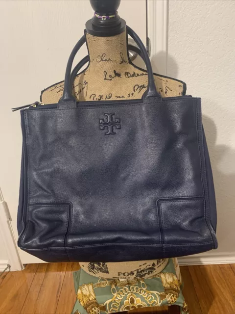 tory burch ella tote bag Navy Blue Leather Large